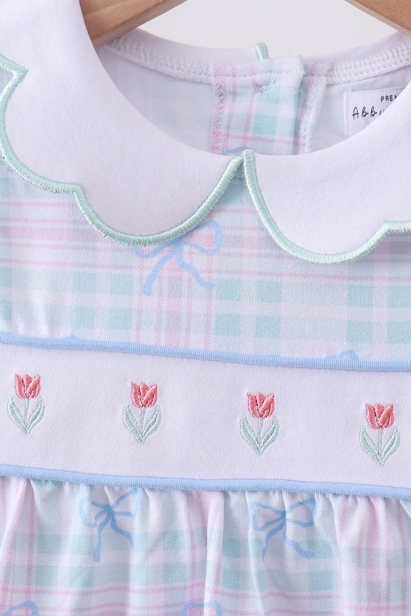 Blue plaid bow floral pants set - Abbies Place