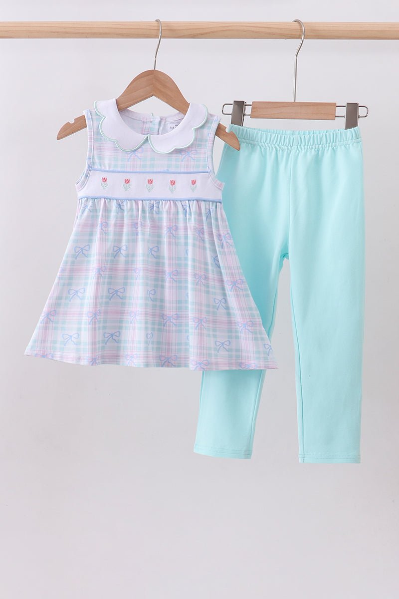 Blue plaid bow floral pants set - Abbies Place