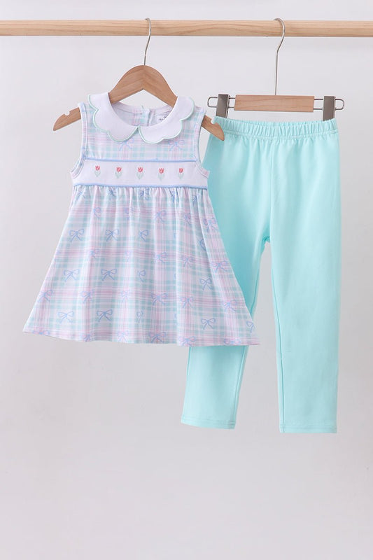 Blue plaid bow floral pants set - Abbies Place