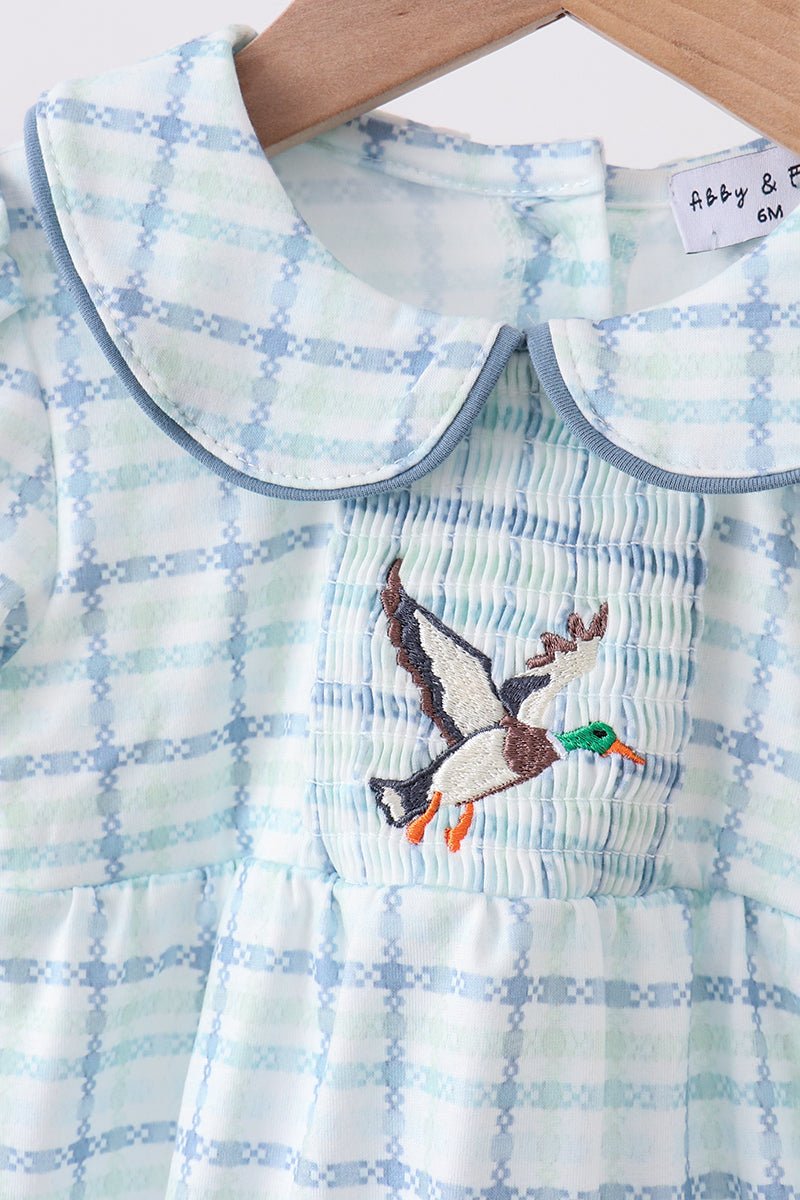 Blue plaid duck smocked bubble - Abbies Place