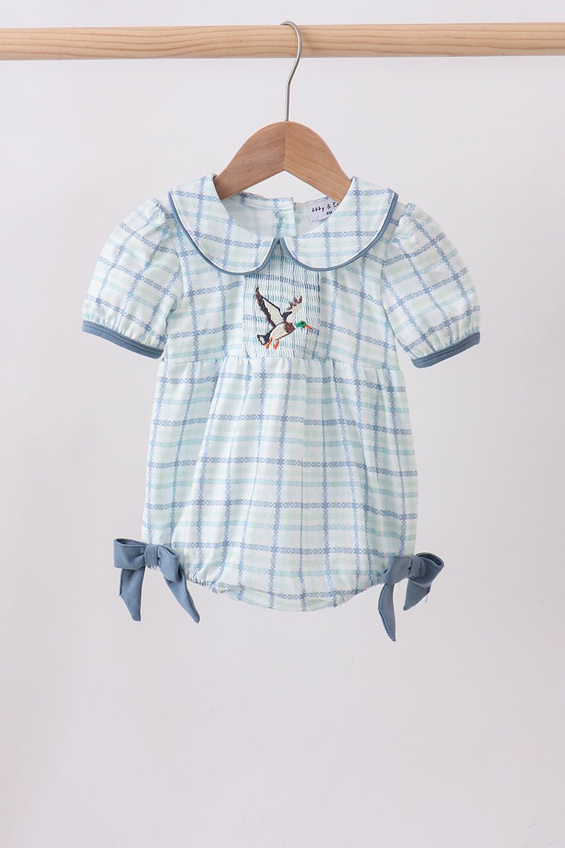 Blue plaid duck smocked bubble - Abbies Place