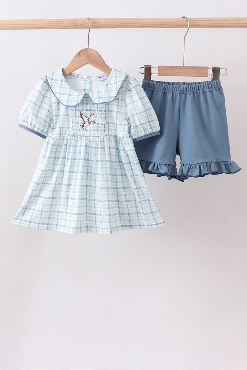 Blue plaid duck smocked ruffle shorts set - Abbies Place