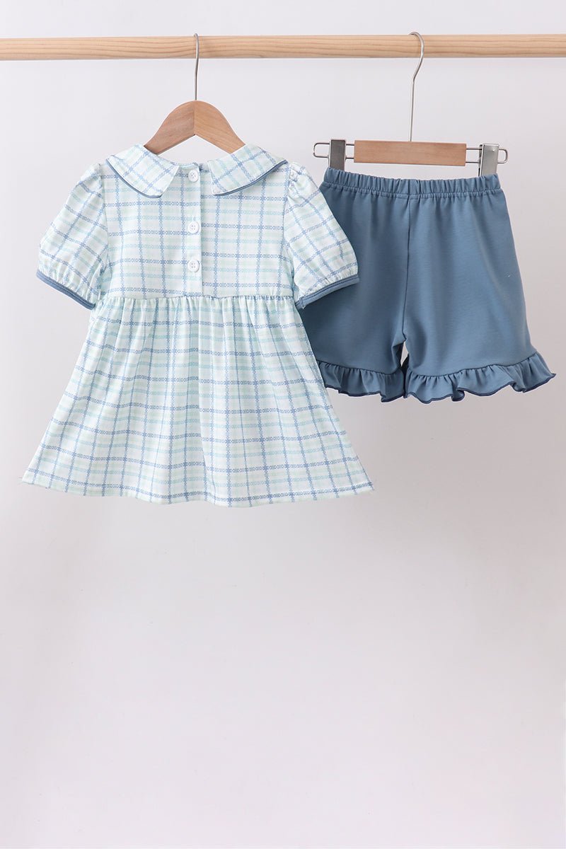 Blue plaid duck smocked ruffle shorts set - Abbies Place