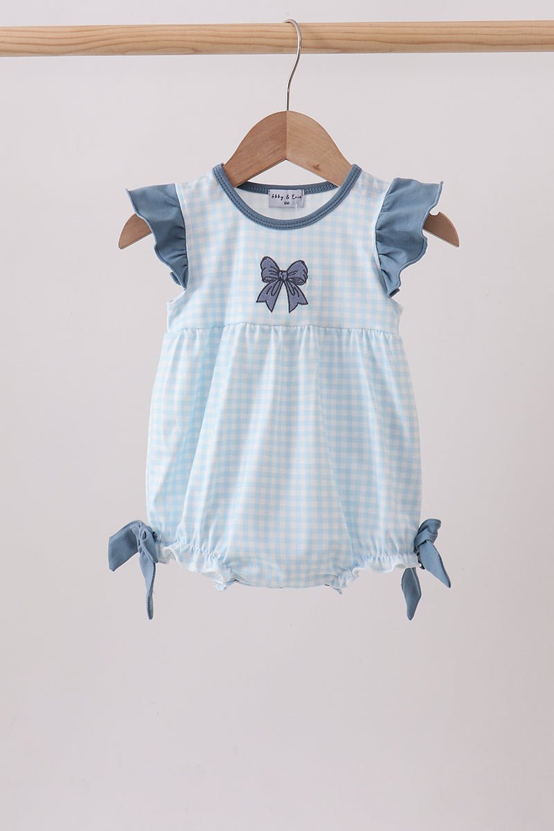Blue Plaid Embroidered Bow Bubble - Abbies Place
