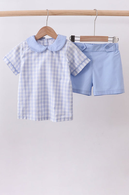 Blue plaid peter pan collar shorts set - Abbies Place