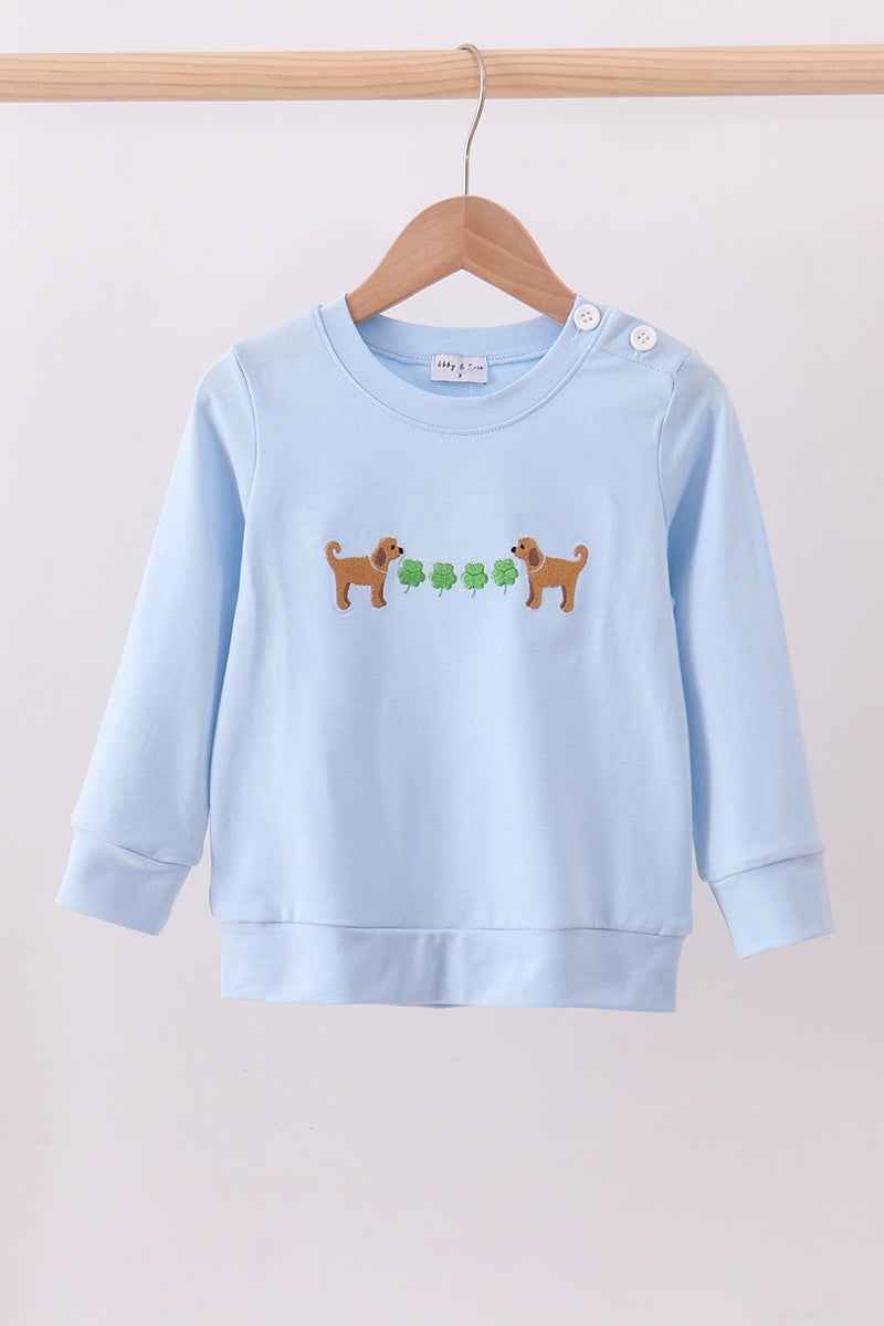 Blue puppy clover embroidery top - Abbies Place