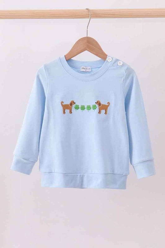 Blue puppy clover embroidery top - Abbies Place