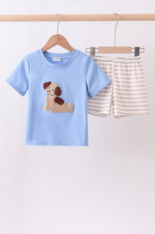 Blue puppy french knot stripe shorts set - Abbies Place