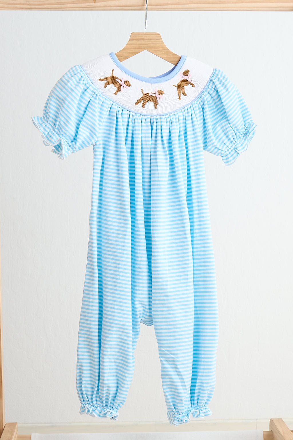 Blue puppy hand smocked girl romper - Abbies Place