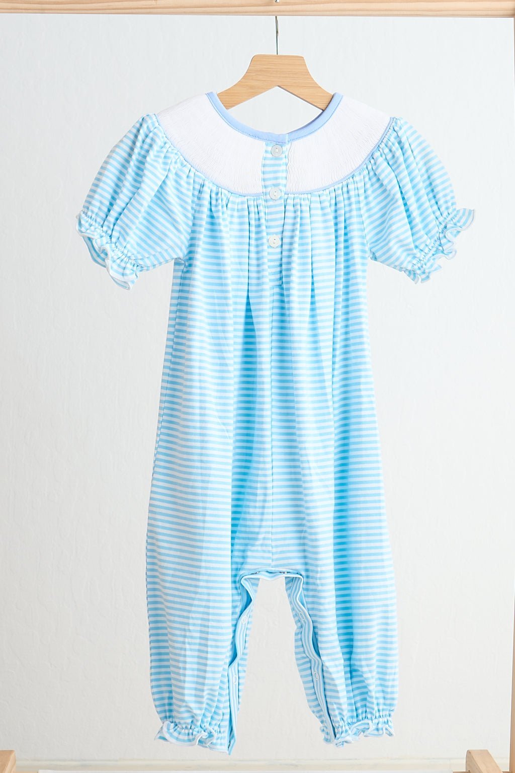 Blue puppy hand smocked girl romper - Abbies Place