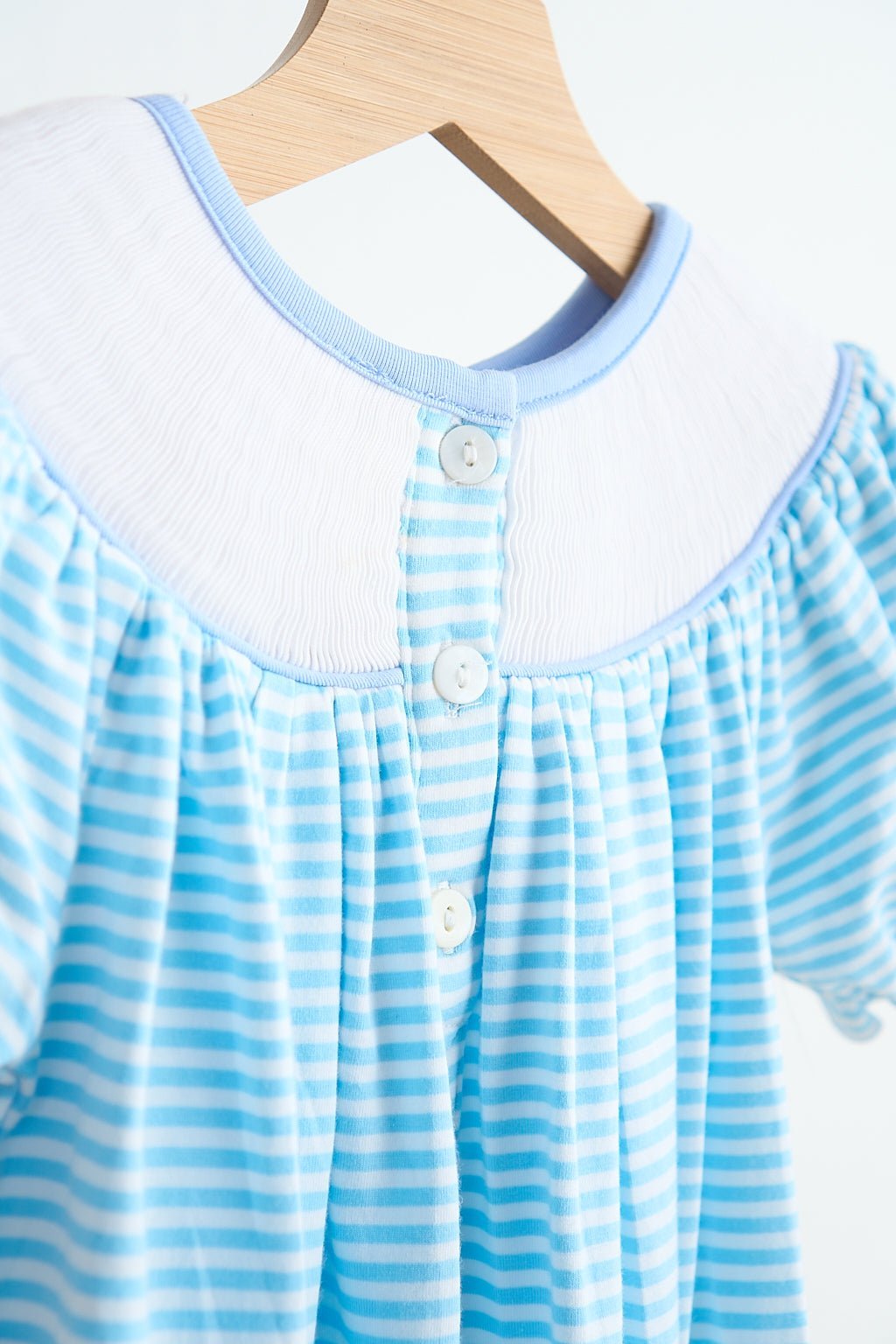 Blue puppy hand smocked girl romper - Abbies Place