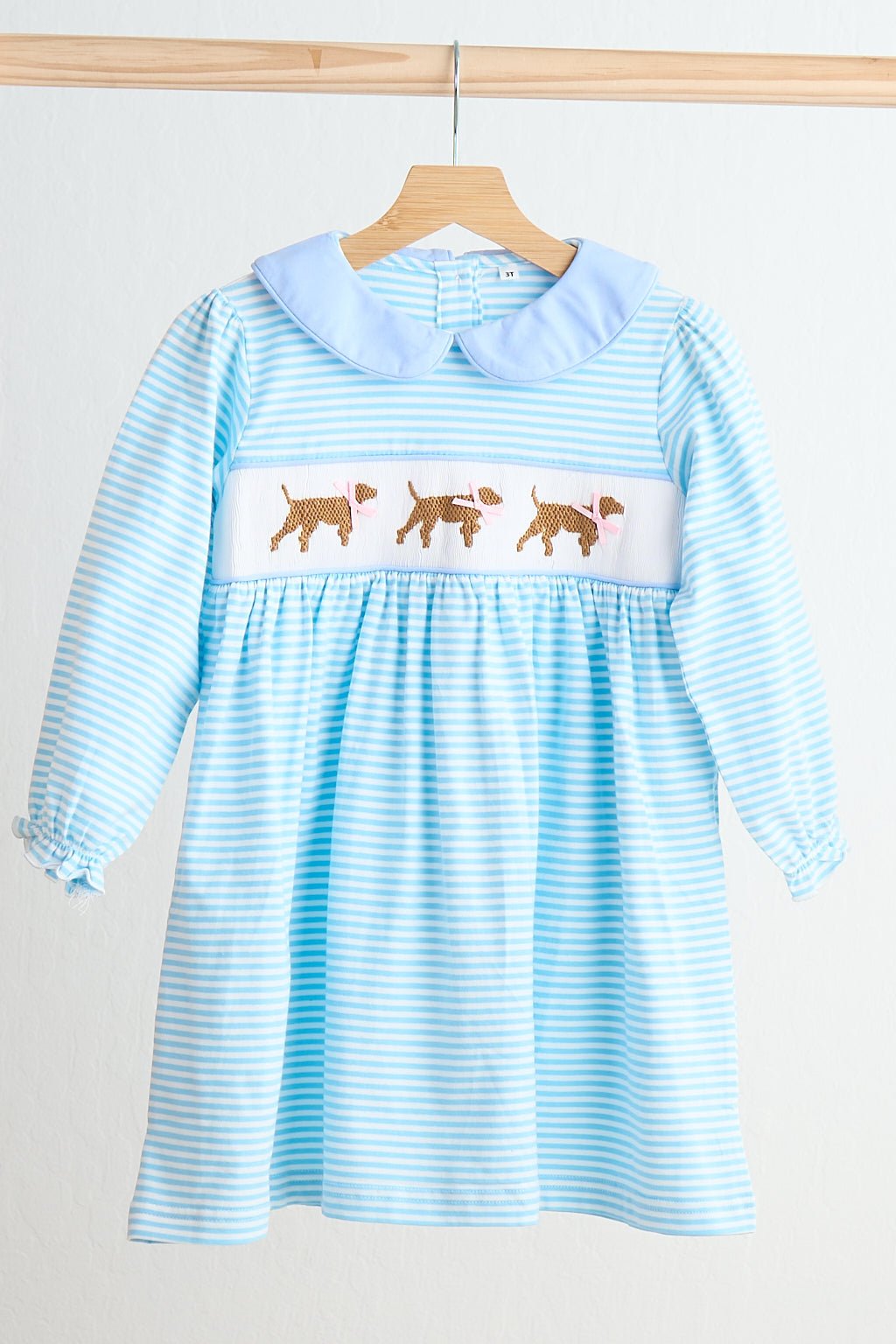 Blue puppy hand smocked stripe dress - Abbies Place