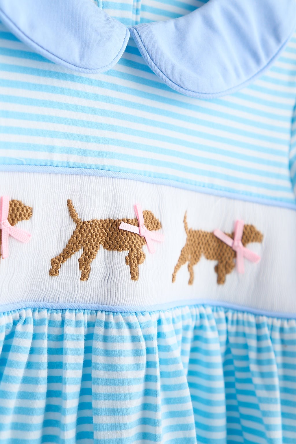 Blue puppy hand smocked stripe dress - Abbies Place