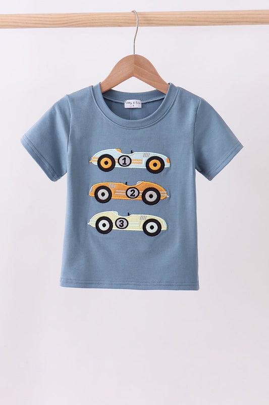 Blue racing car applique top - Abbies Place