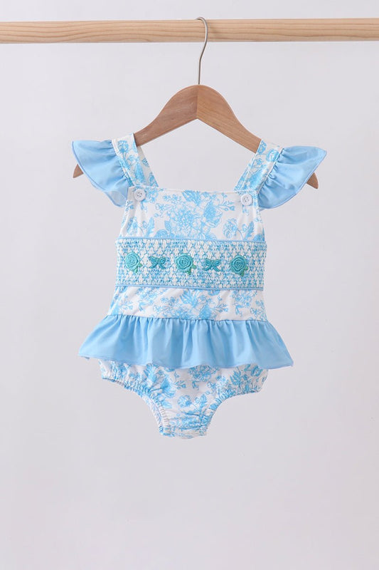 Blue rose smocked ruffle one-piece swimsuit - Abbies Place