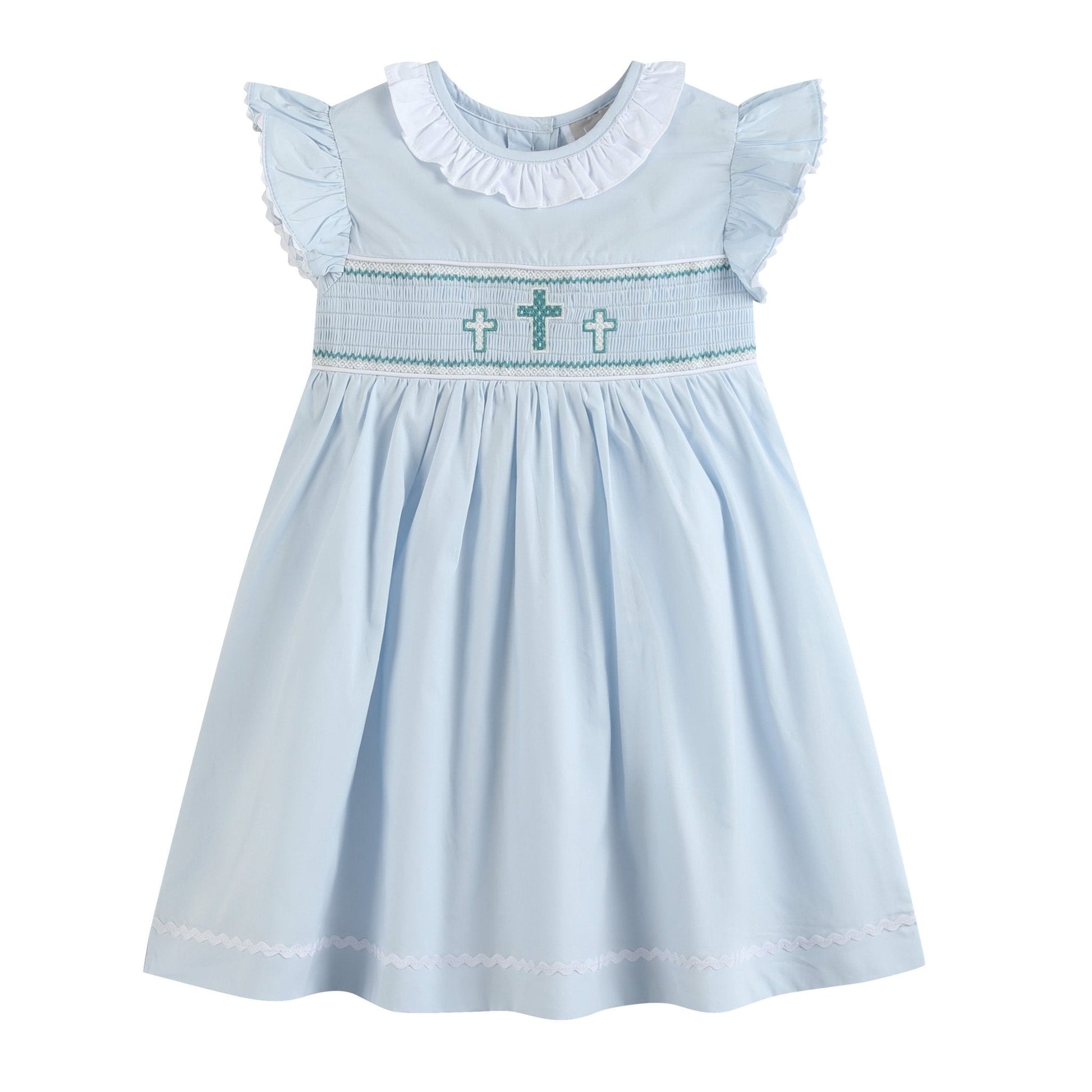 Blue Ruffled Crosses Smocked Dress - Abbies Place