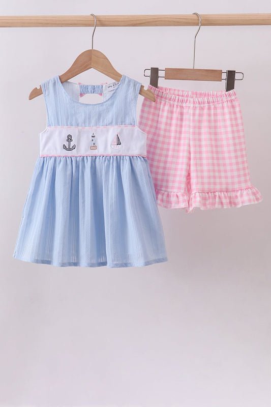 Blue sailboat embroidery jacquard shorts set - Abbies Place
