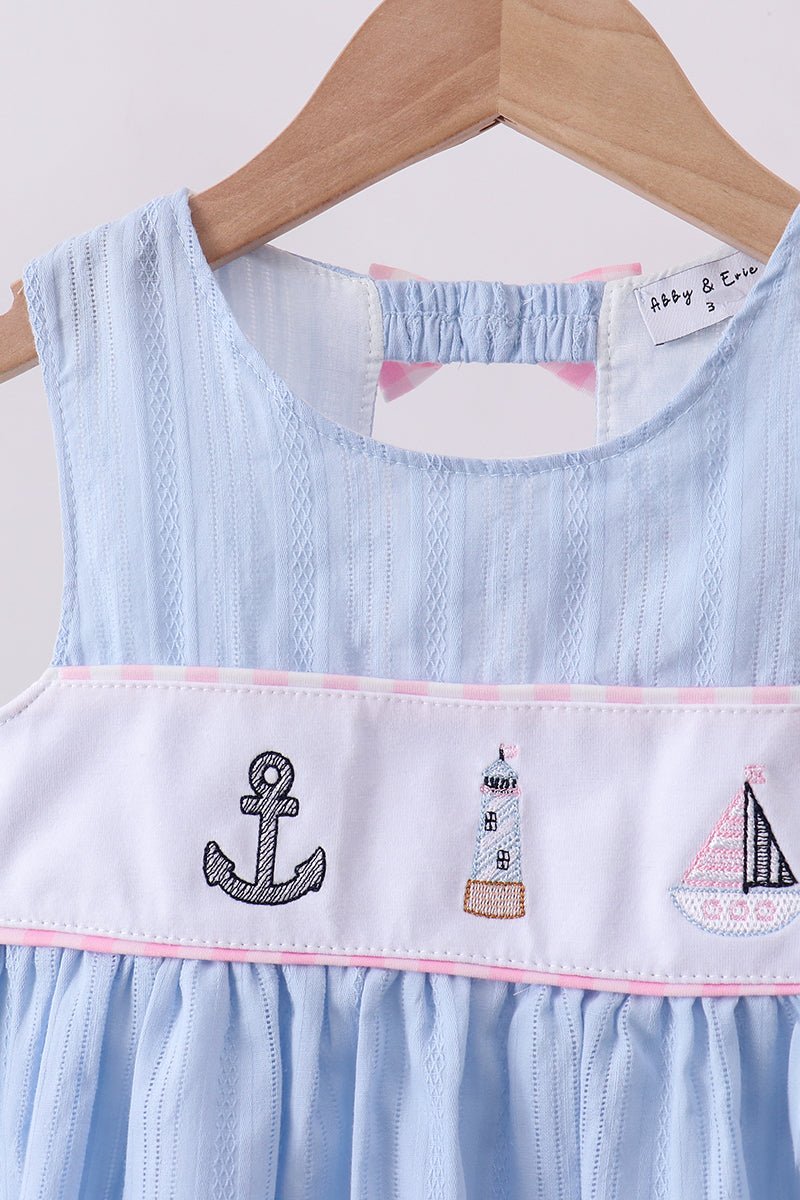 Blue sailboat embroidery jacquard shorts set - Abbies Place
