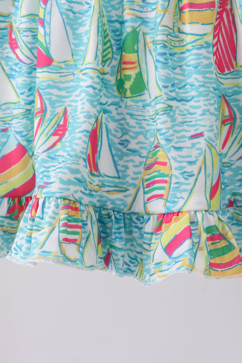 Blue sailboat print ruffle bloomer set - Abbies Place