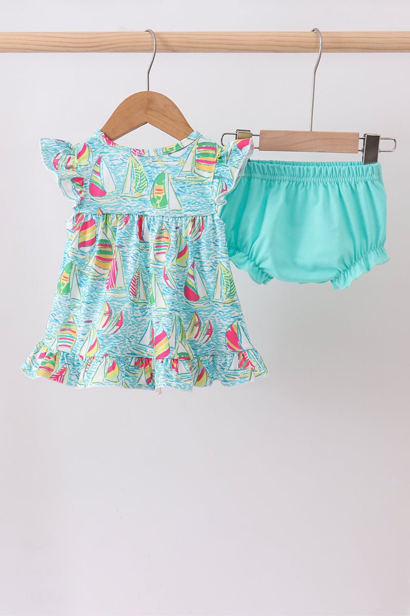 Blue sailboat print ruffle bloomer set - Abbies Place