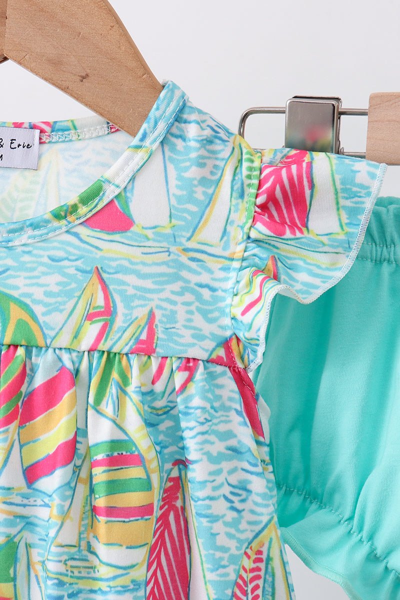 Blue sailboat print ruffle bloomer set - Abbies Place