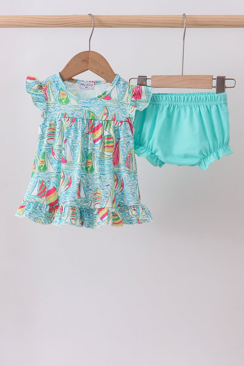 Blue sailboat print ruffle bloomer set - Abbies Place
