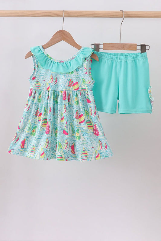 Blue sailboat print ruffle shorts set - Abbies Place