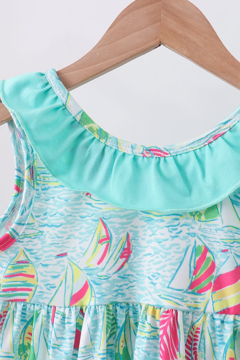 Blue sailboat print ruffle shorts set - Abbies Place