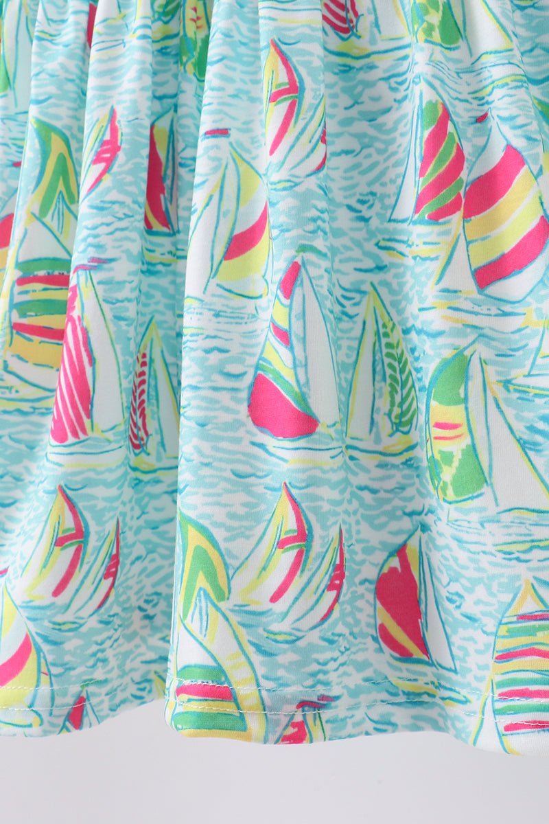 Blue sailboat print ruffle shorts set - Abbies Place