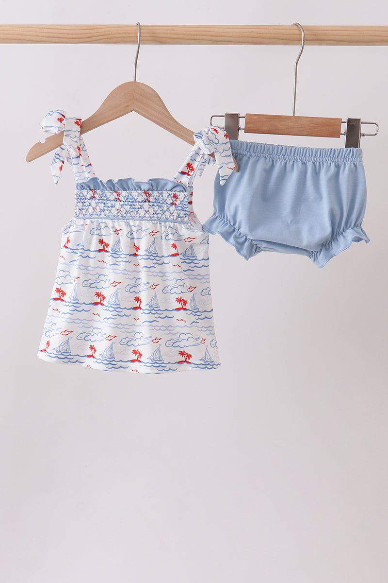 Blue Sailboat Smocked Bloomer Set - Abbies Place