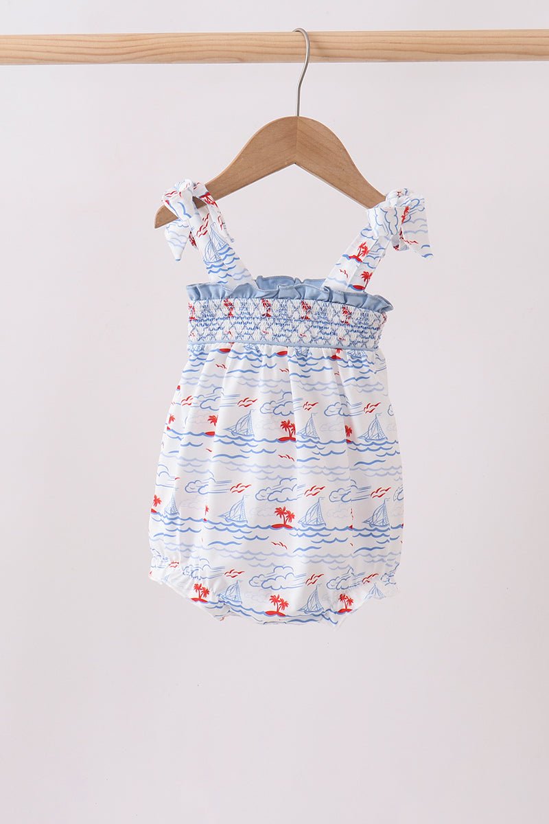 Blue Sailboat Smocked Bubble - Abbies Place