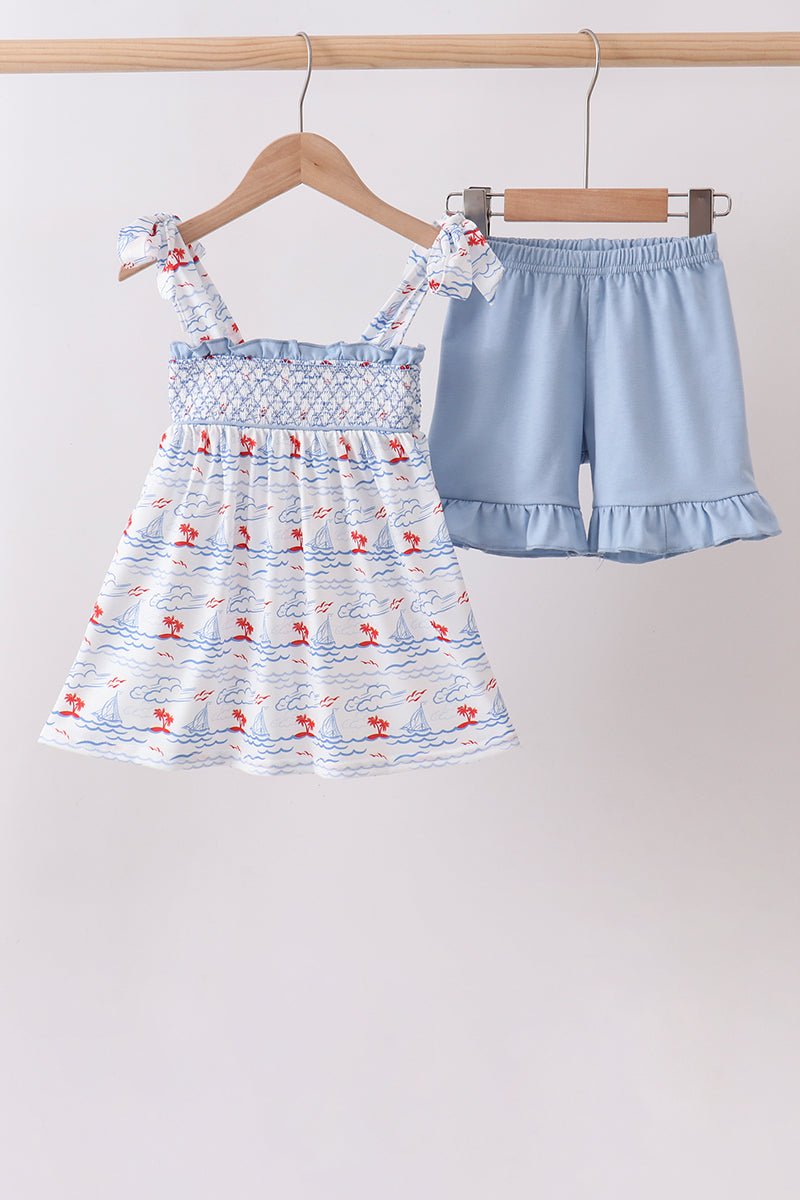 Blue Sailboat Smocked Set - Abbies Place
