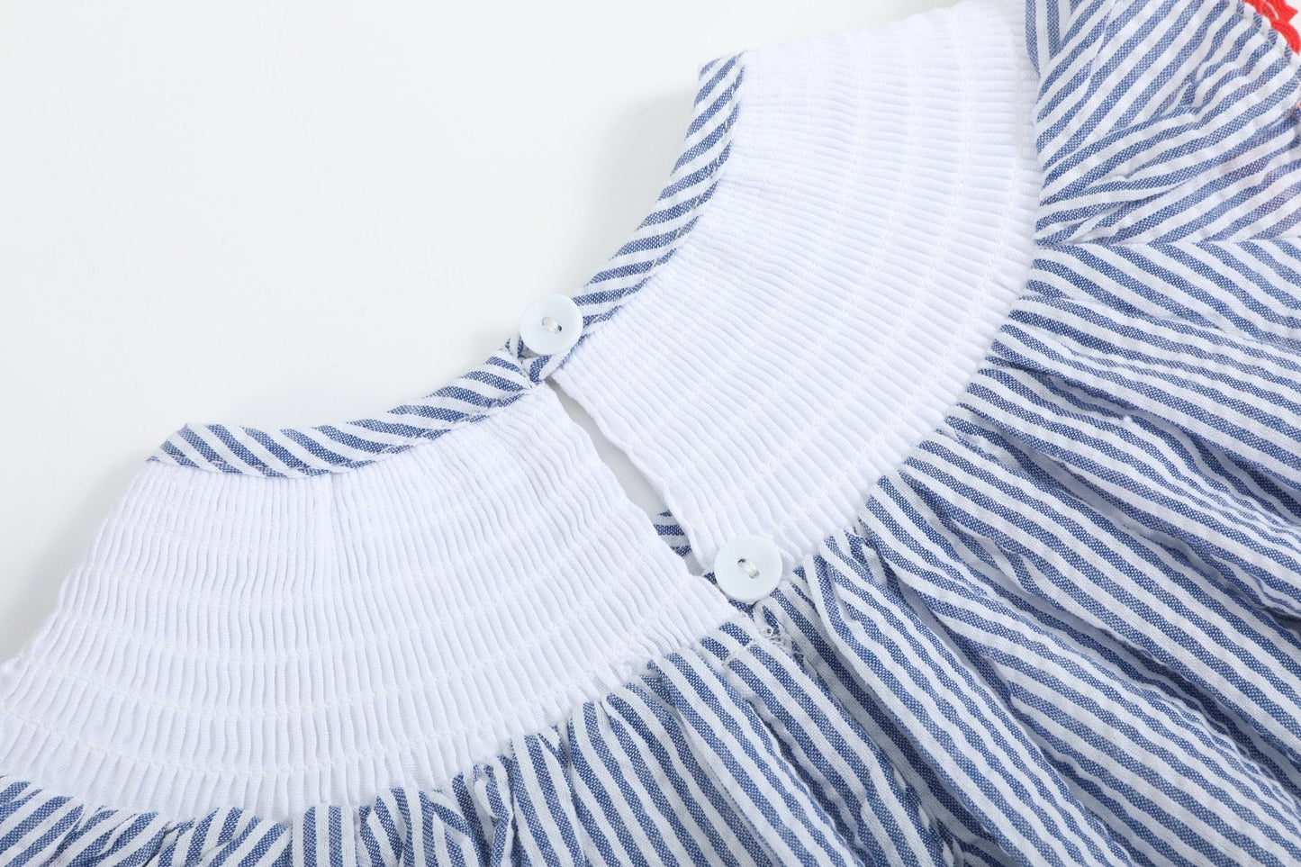 Blue Seersucker Baseball Smocked Bishop Dress - Abbies Place