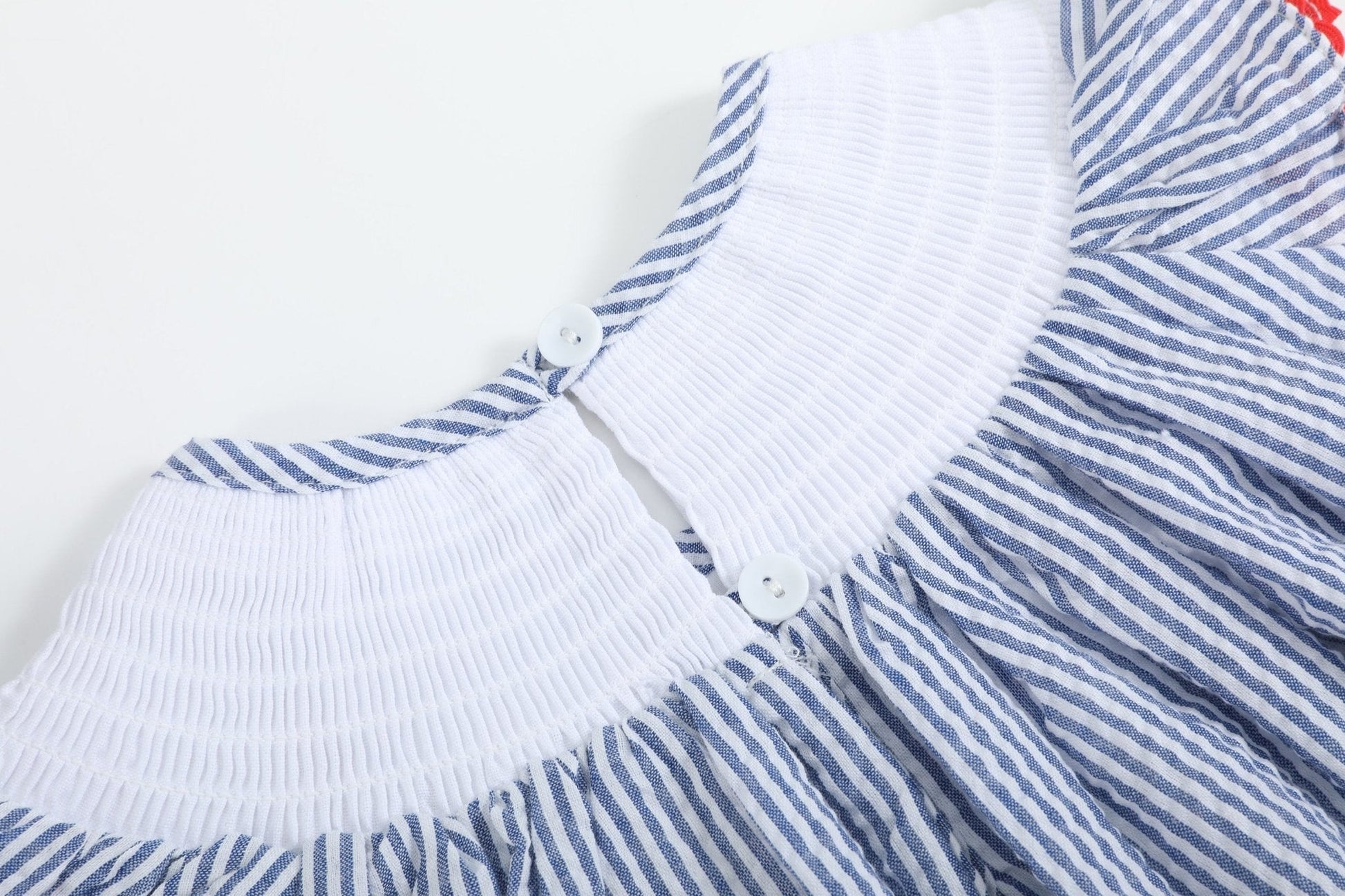 Blue Seersucker Baseball Smocked Bishop Dress - Abbies Place