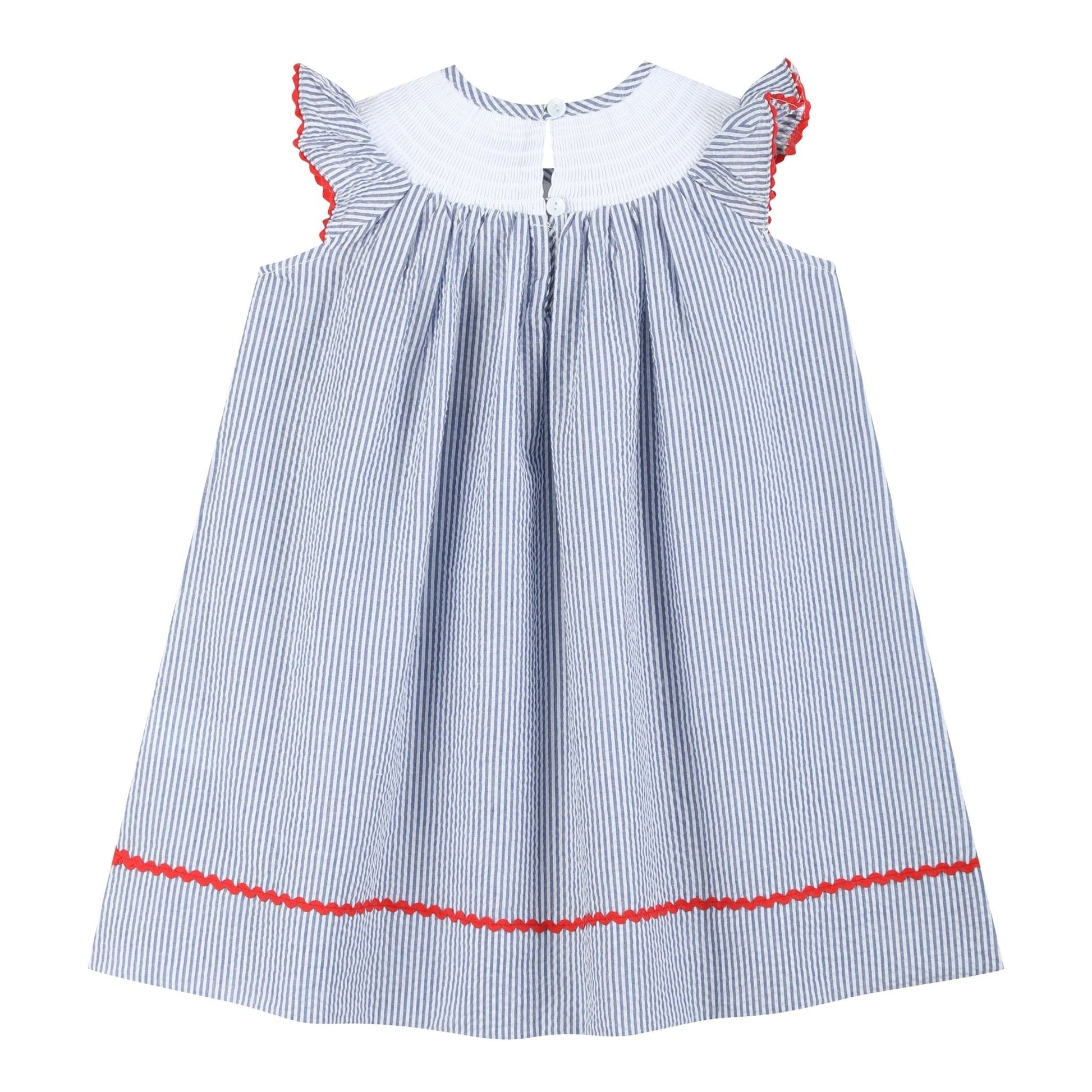 Blue Seersucker Baseball Smocked Bishop Dress - Abbies Place