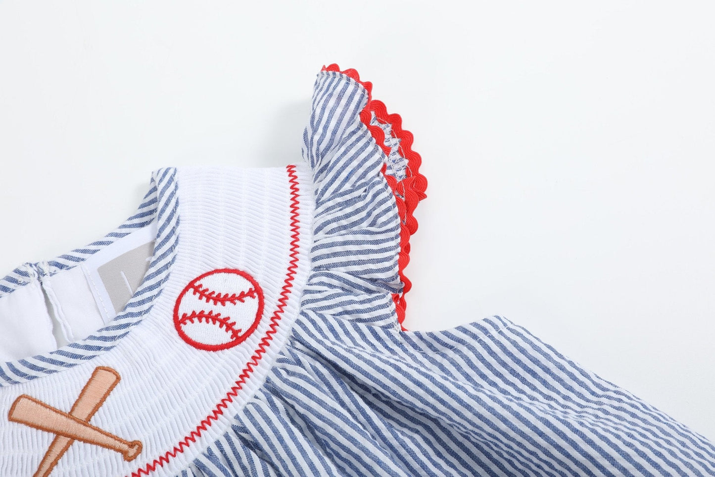 Blue Seersucker Baseball Smocked Bishop Dress - Abbies Place