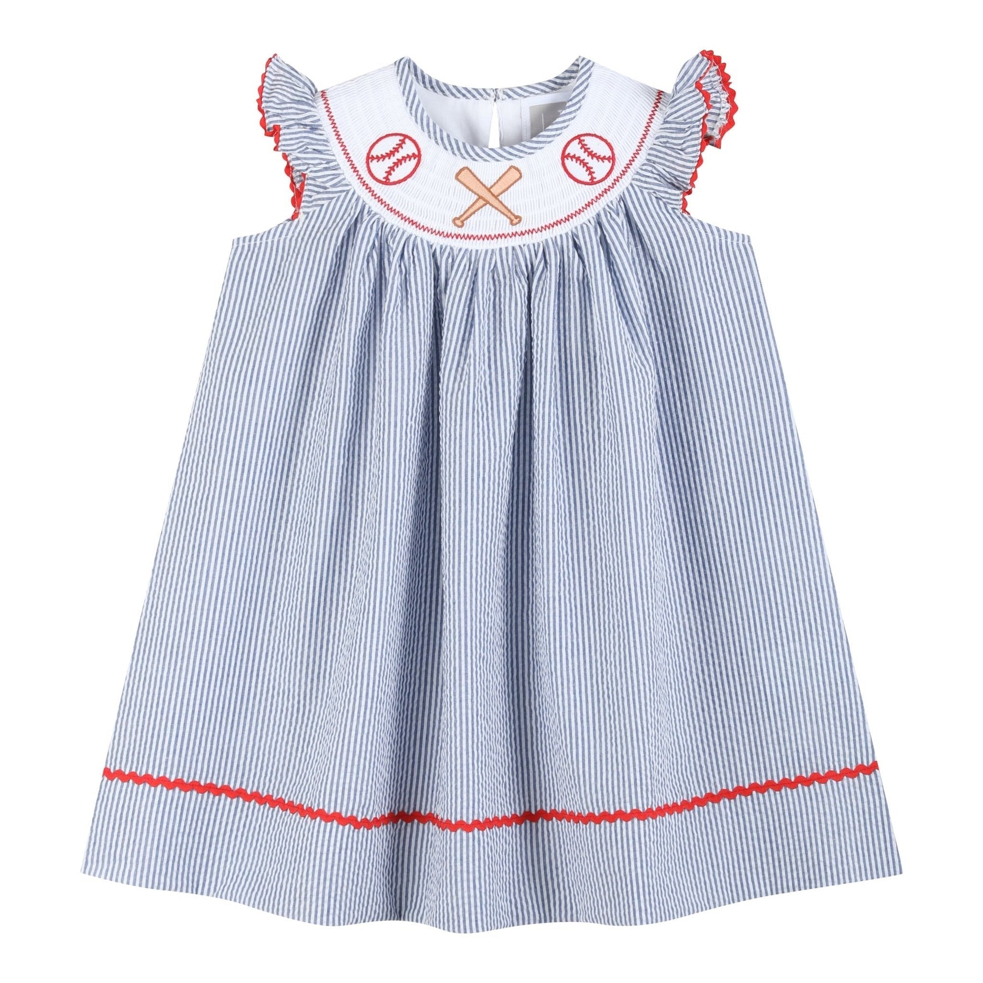 Blue Seersucker Baseball Smocked Bishop Dress - Abbies Place