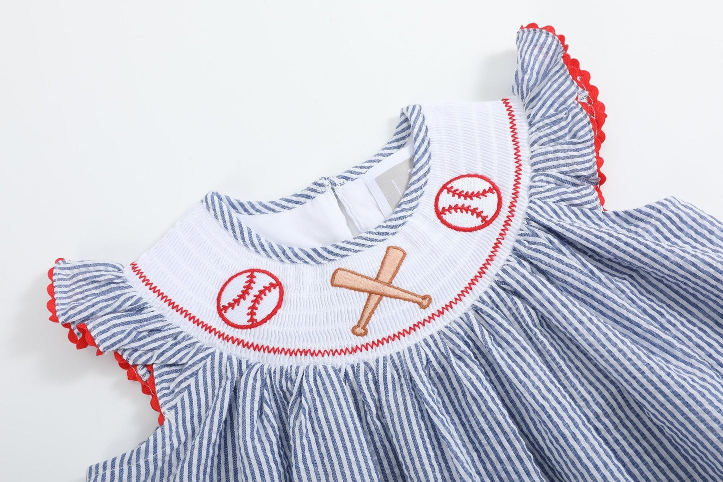 Blue Seersucker Baseball Smocked Bishop Dress - Abbies Place