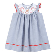 Blue Seersucker Baseball Smocked Bishop Dress