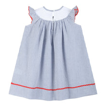 Load image into Gallery viewer, Blue Seersucker Baseball Smocked Bishop Dress
