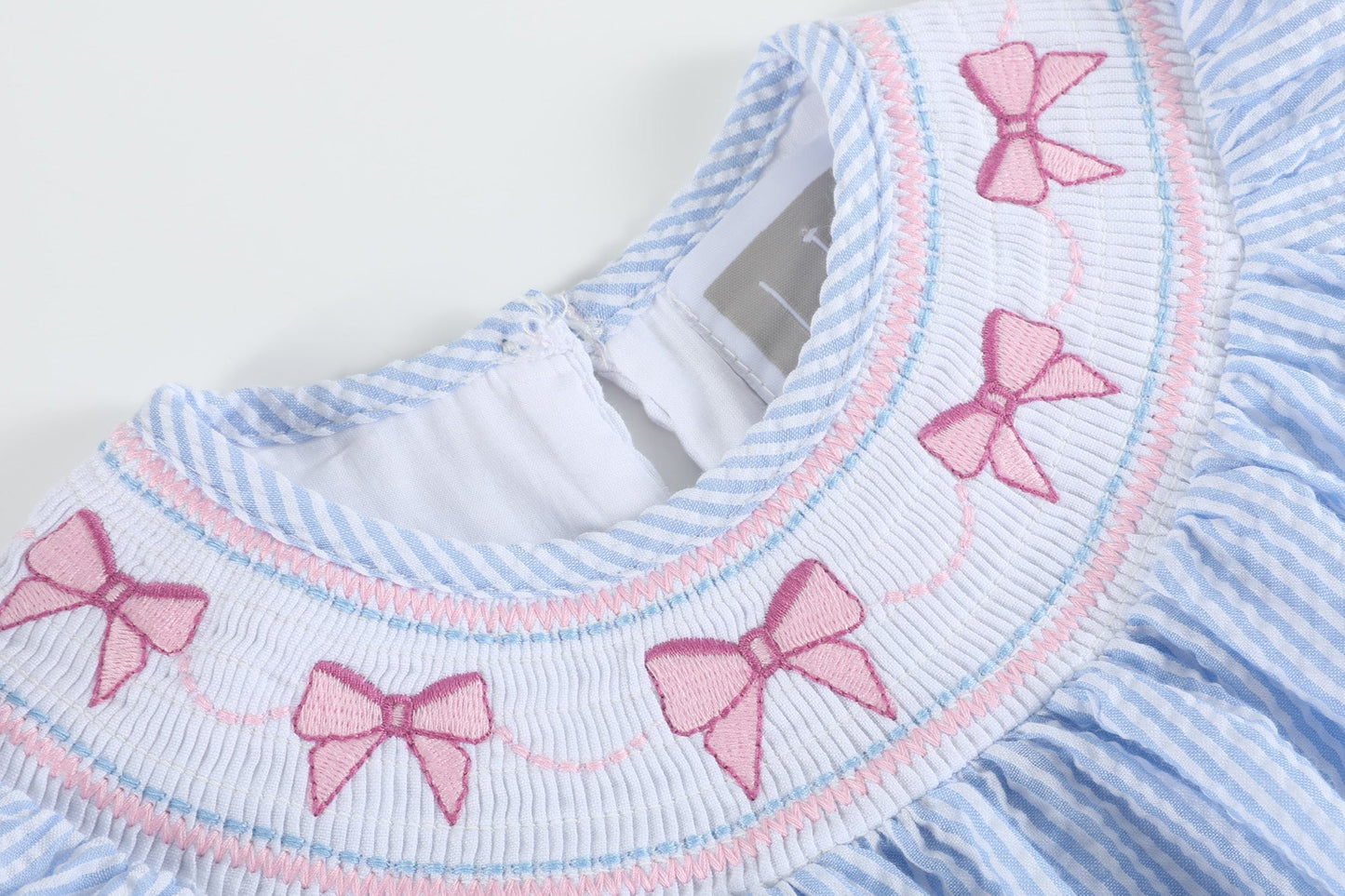 Blue Seersucker Bow Smocked Bishop Dress - Abbies Place