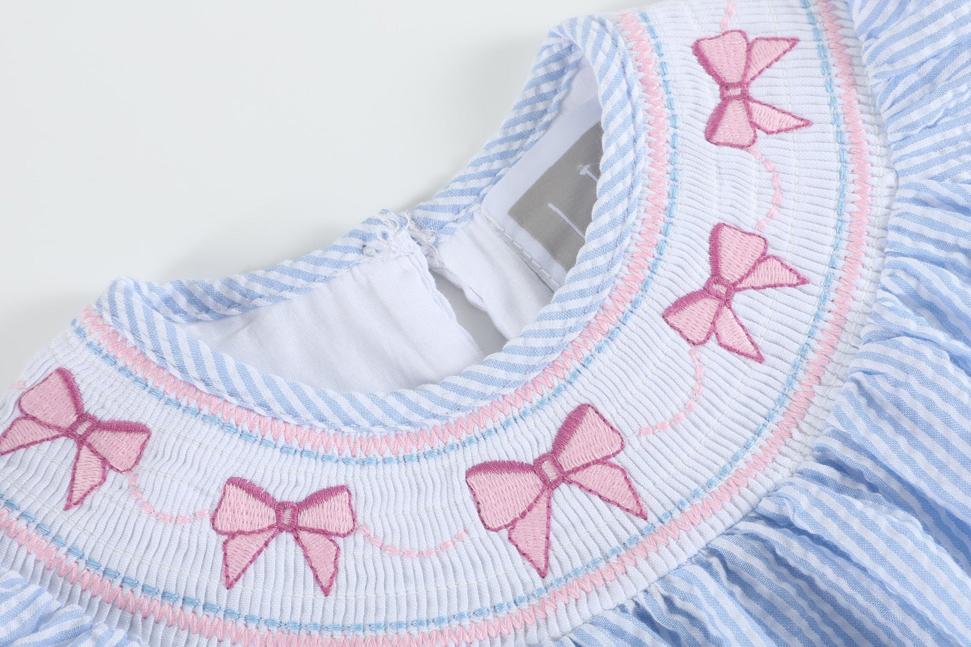 Blue Seersucker Bow Smocked Bishop Dress - Abbies Place