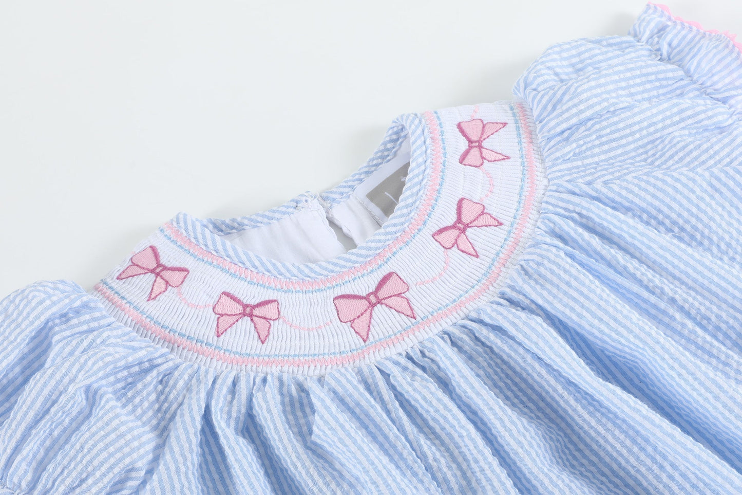 Blue Seersucker Bow Smocked Bishop Dress - Abbies Place