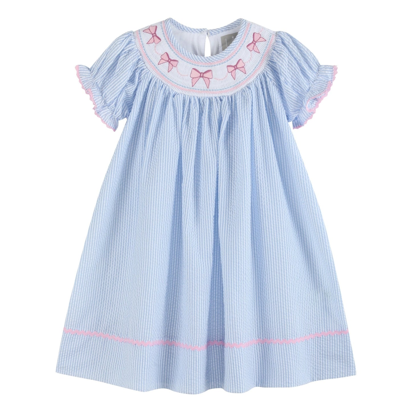 Blue Seersucker Bow Smocked Bishop Dress - Abbies Place