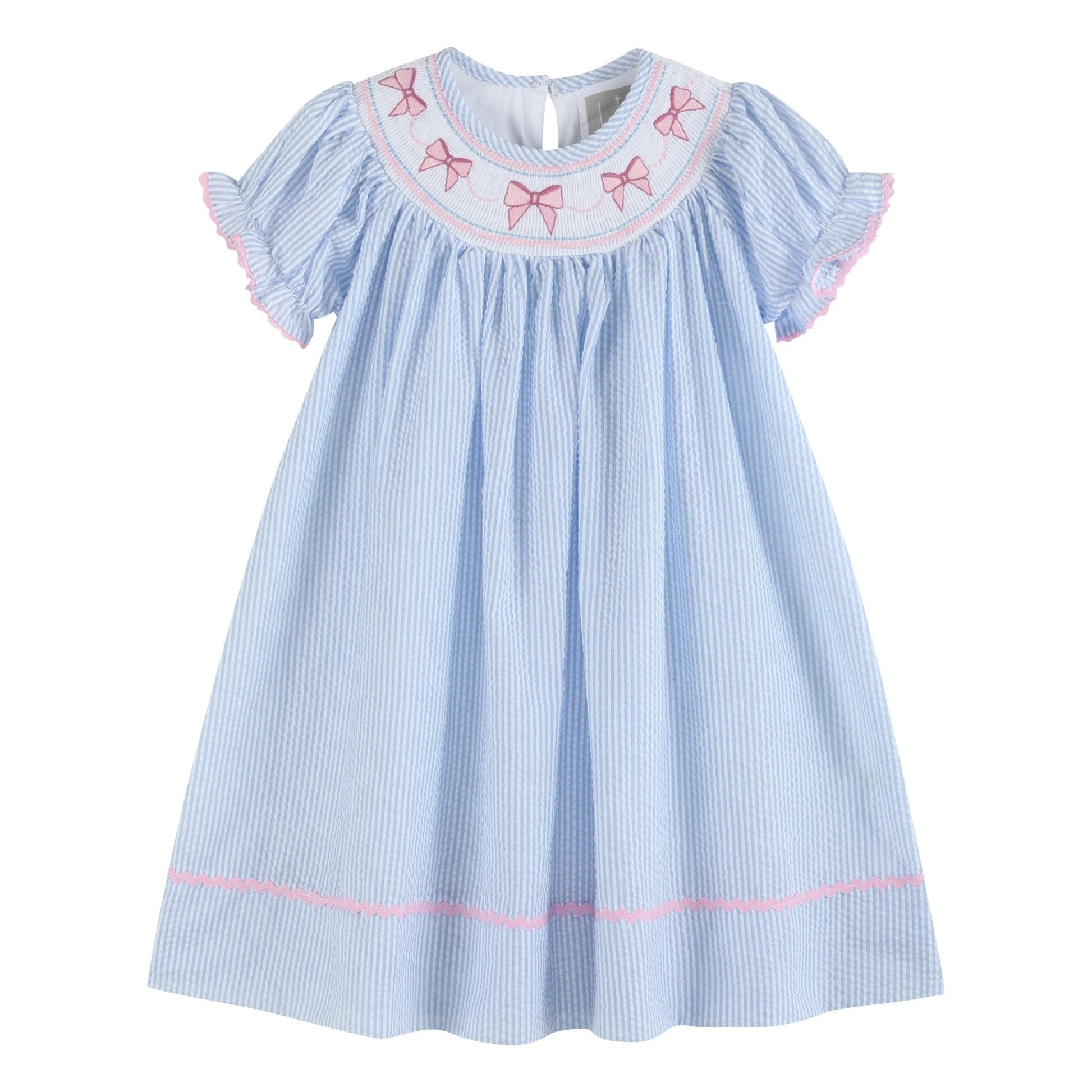 Blue Seersucker Bow Smocked Bishop Dress - Abbies Place