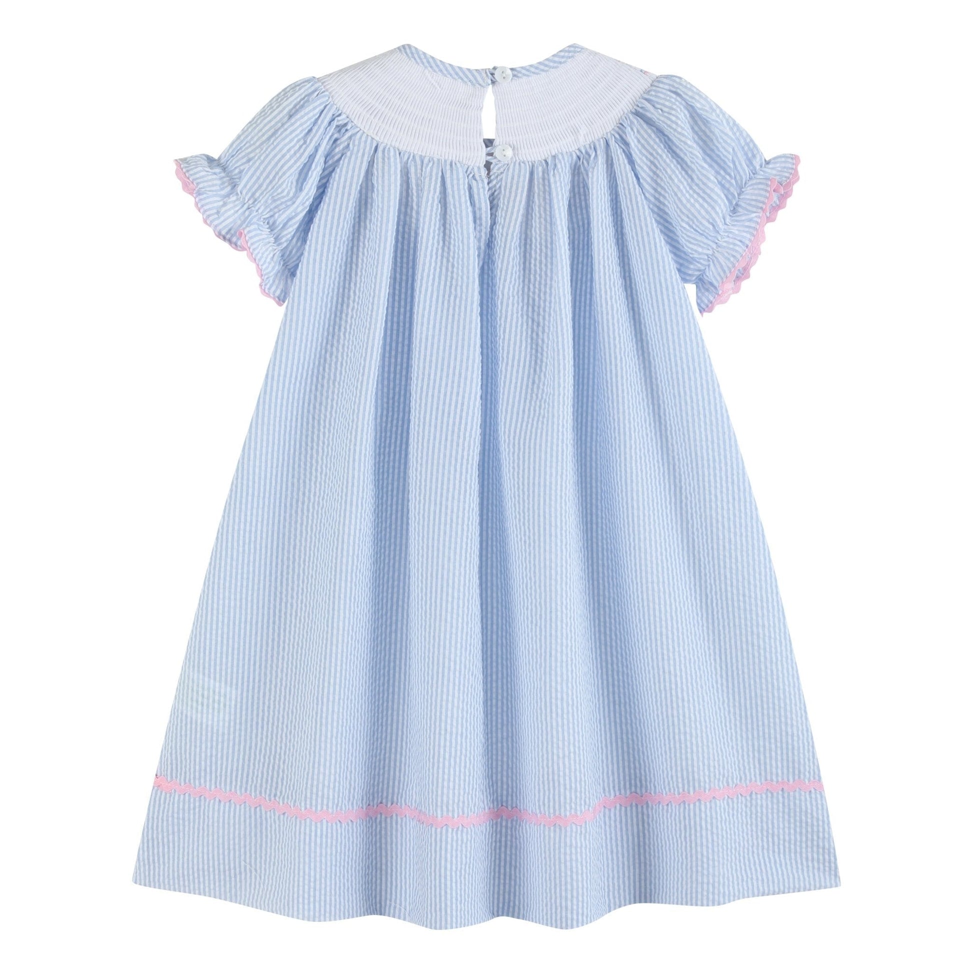 Blue Seersucker Bow Smocked Bishop Dress - Abbies Place