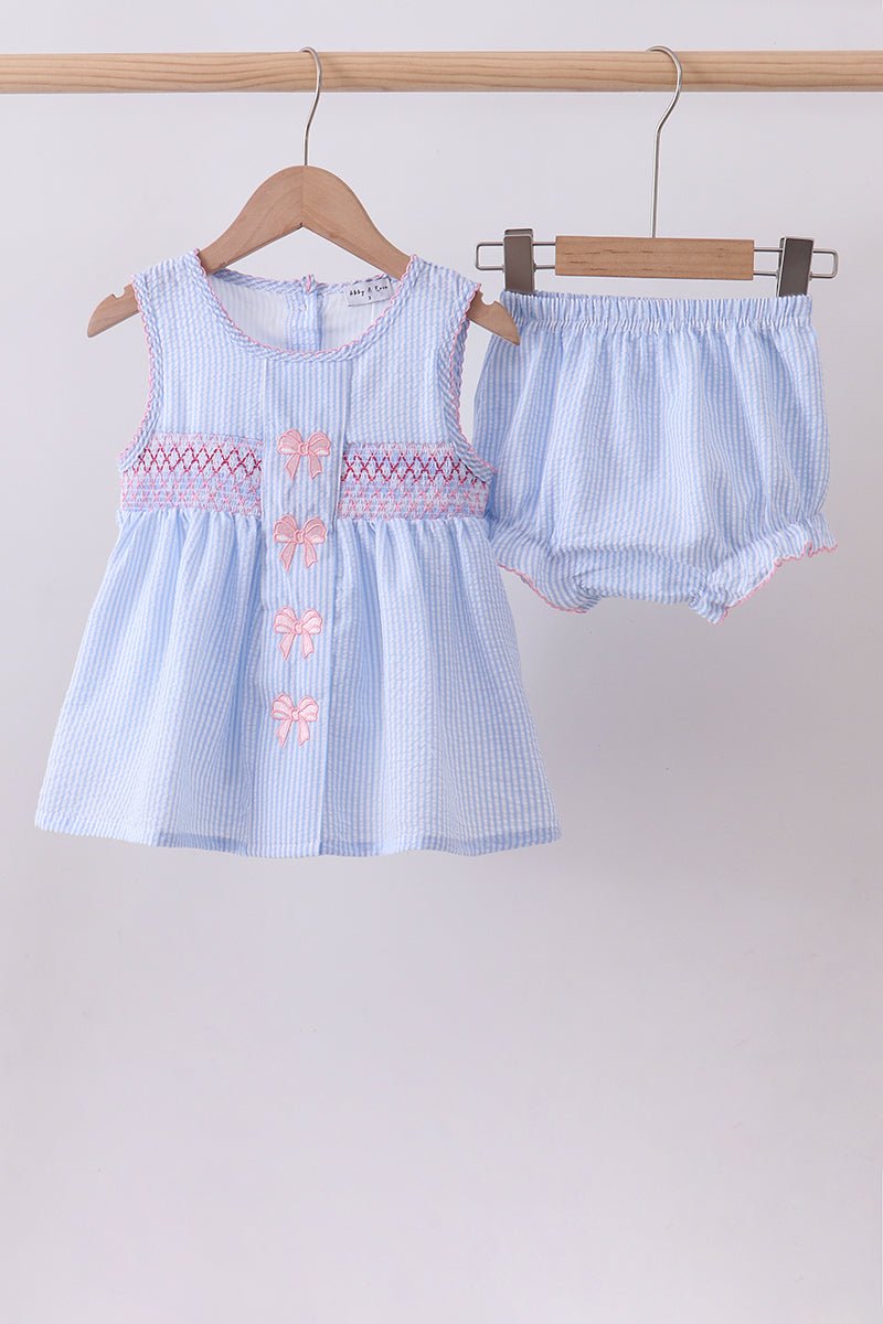 Blue seersucker bow smocked bloomer set - Abbies Place