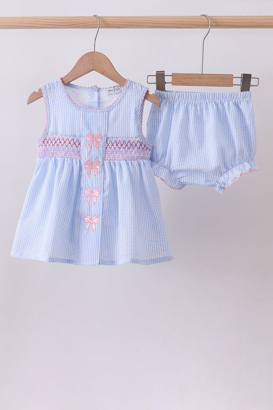 Blue seersucker bow smocked bloomer set - Abbies Place