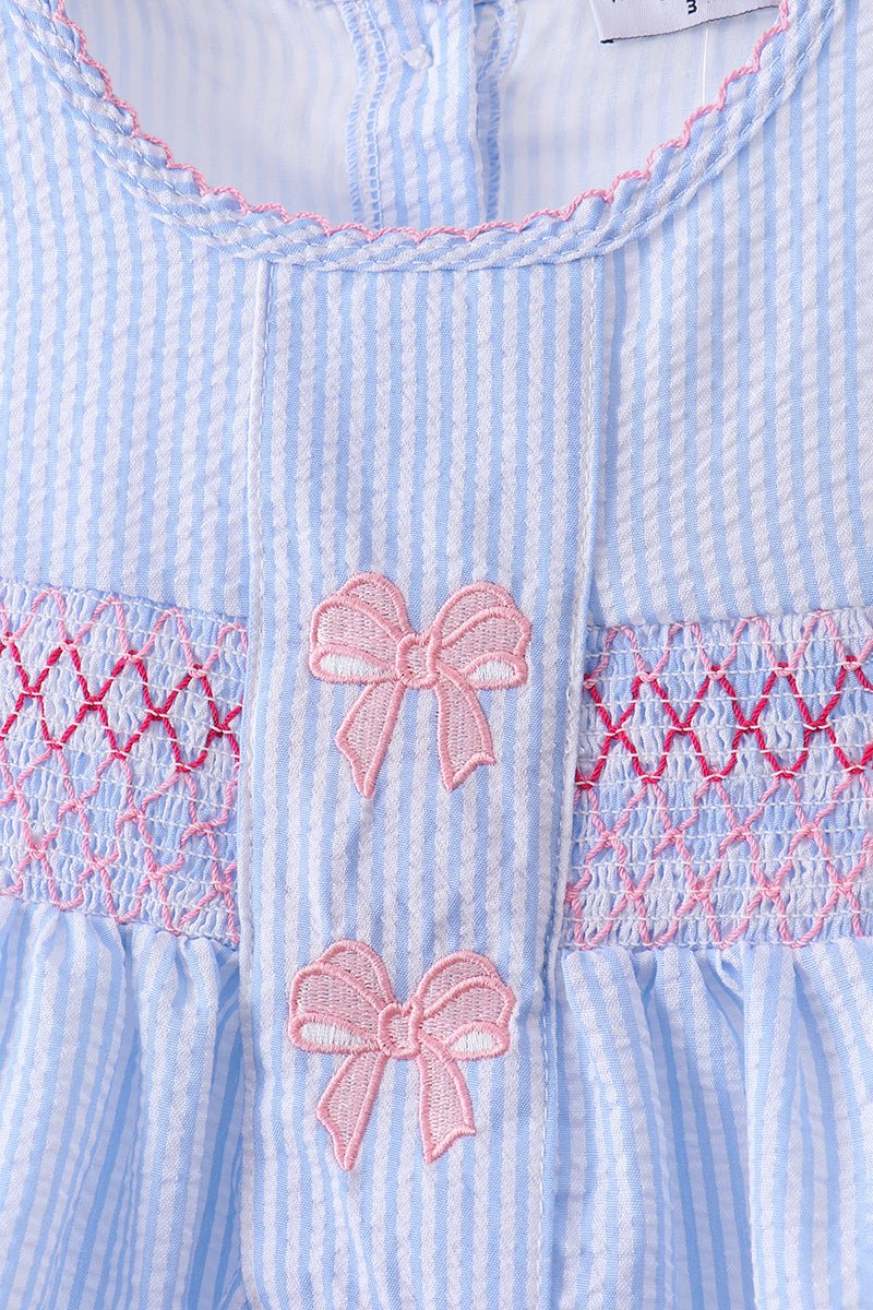 Blue seersucker bow smocked bloomer set - Abbies Place