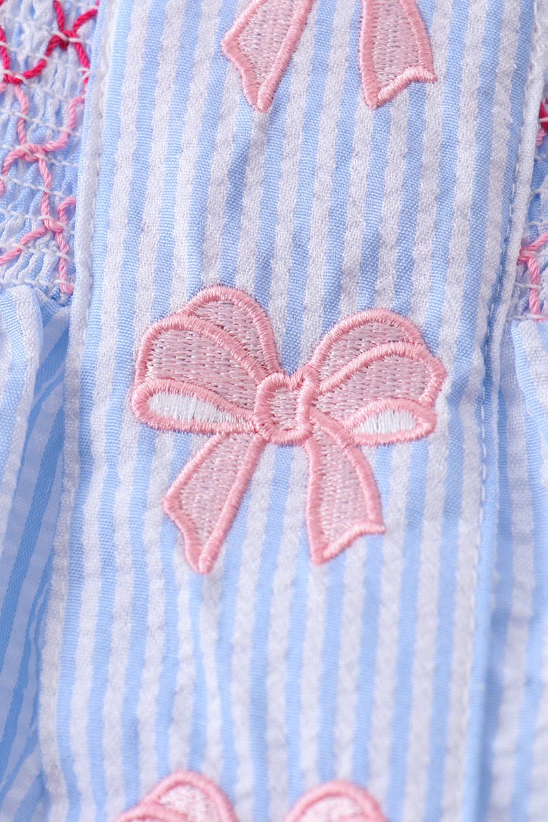 Blue seersucker bow smocked bloomer set - Abbies Place